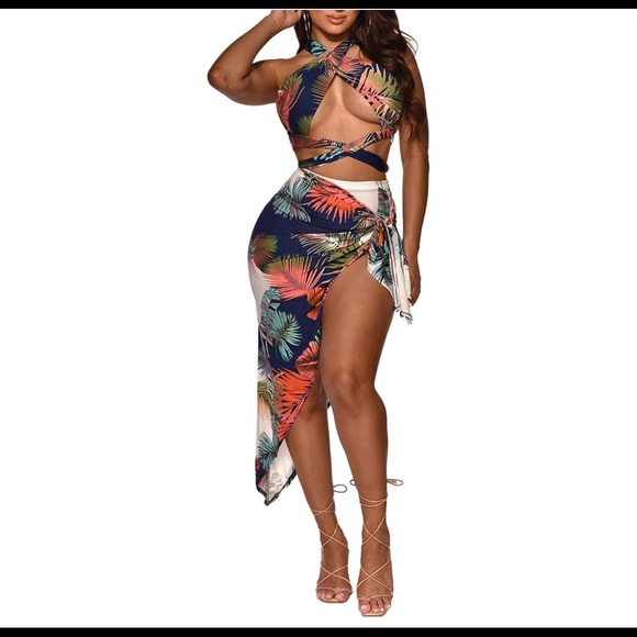 NWOT Palm Printed 3 Piece High Waist Bikini Swimsuit & Cover up sz M - Picture 2 of 6
